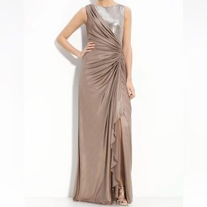 NWT TADASHI SHOJI STRETCH JERSEY SEQUIN BODICE DRAPED SIDE RUCHED GOWN